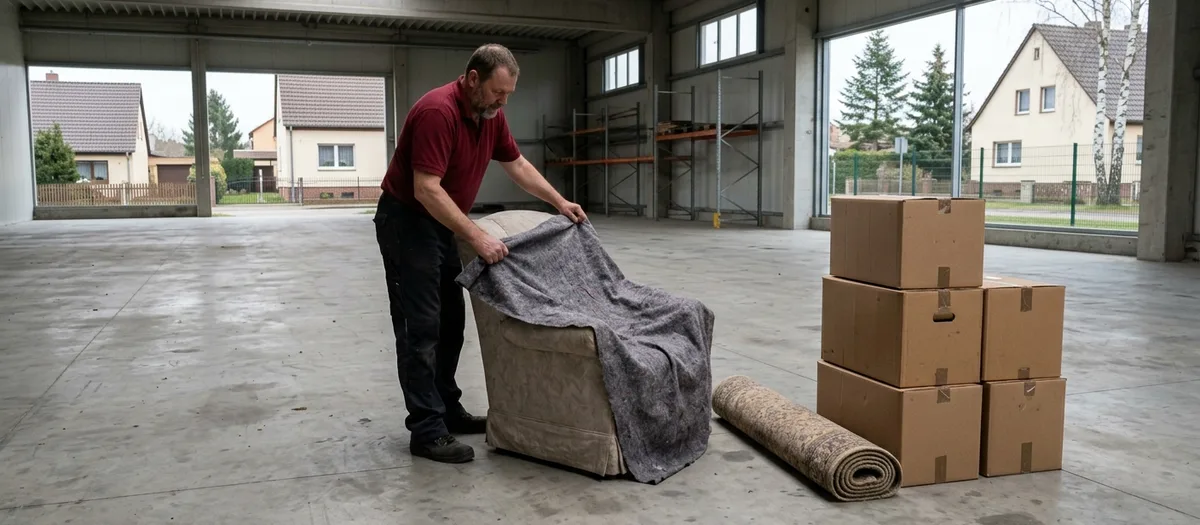 Mitarbeiter im weinroten Polo deckt in der leeren Lagerhalle einen Sessel mit einer Filzdecke ab