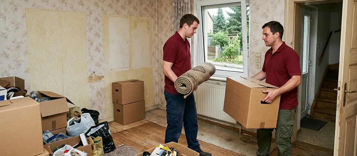 Teppichrolle und Umzugskarton werden aus der entrümpelten Altbauwohnung in Woltersdorf getragen