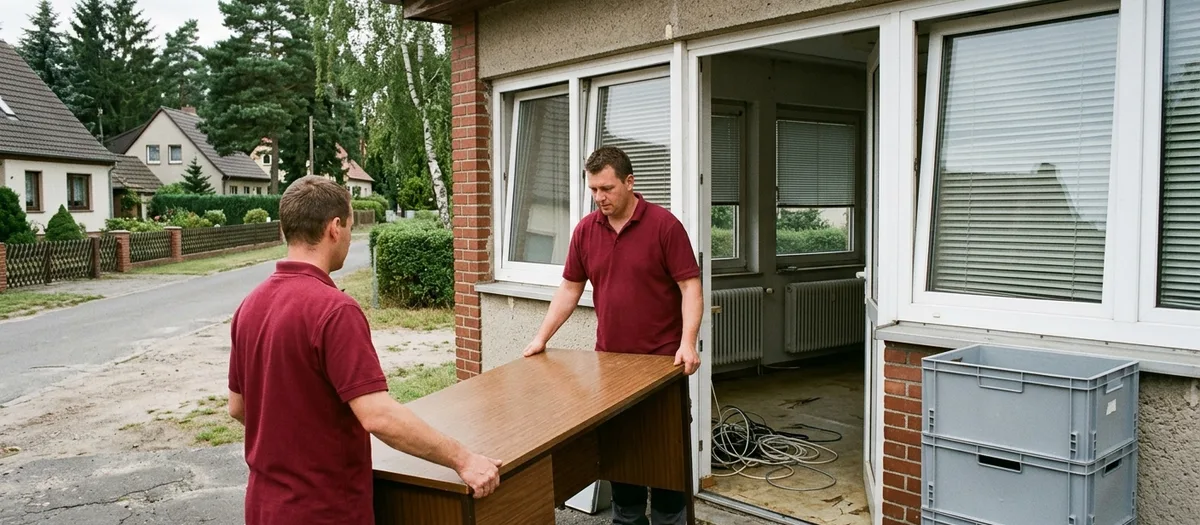 Zwei Männer tragen einen Schreibtisch aus dem Büroanbau, daneben stapeln sich graue Transportboxen
