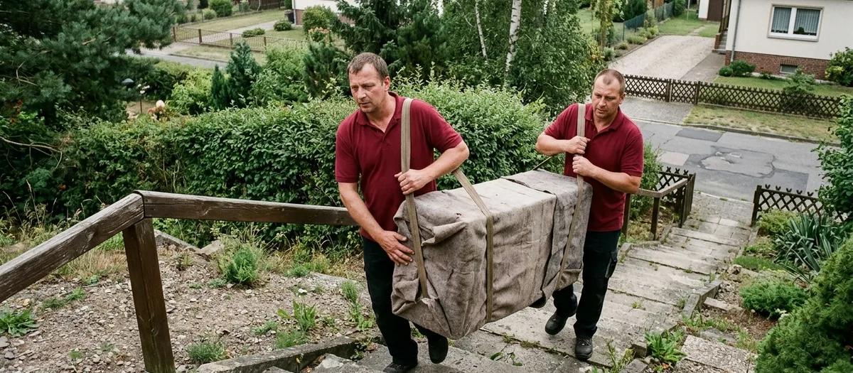 Zwei Möbelpacker tragen ein verpacktes Möbelstück mit Tragegurten die Außentreppe am Hang hinauf