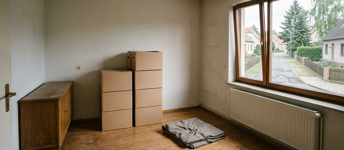 Fast leeres Zimmer nach der Räumung, nur Kartonstapel, alte Kommode und eine Filzdecke bleiben