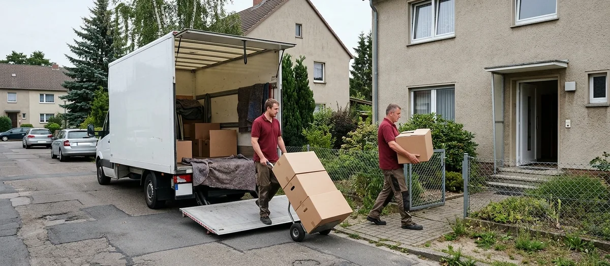 Trägerteam bringt Kartons per Sackkarre und auf dem Arm vom Umzugswagen zum Hauseingang
