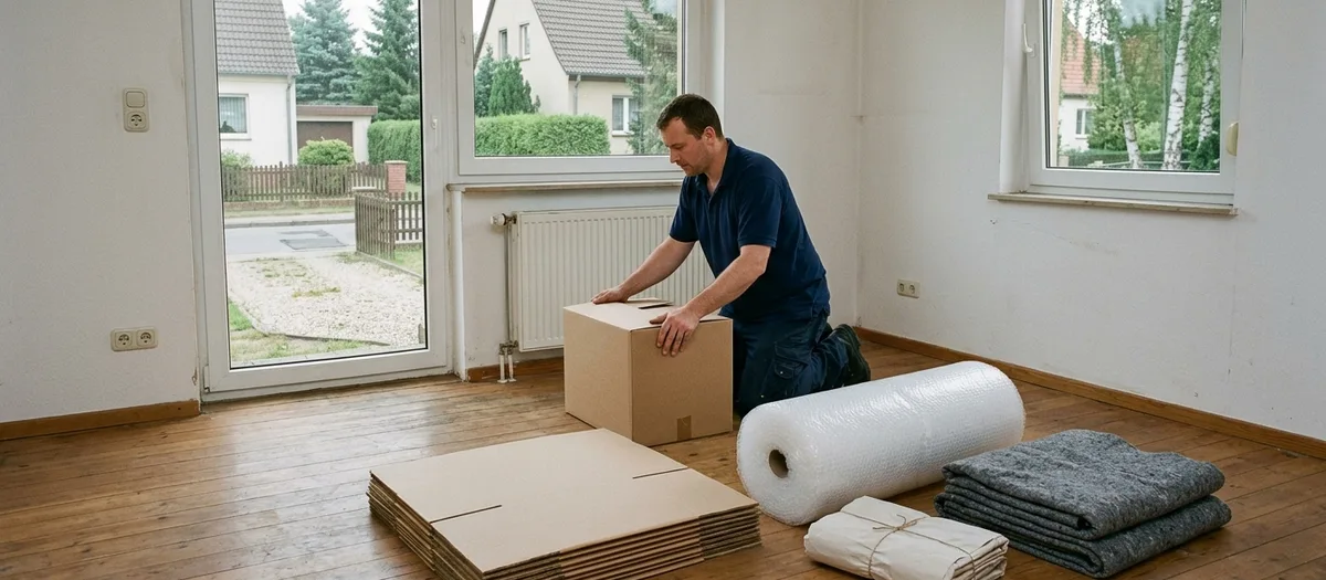Packer kniet im leeren Zimmer und verschließt einen Karton, daneben Luftpolsterfolie, flache Kartonagen und Decken
