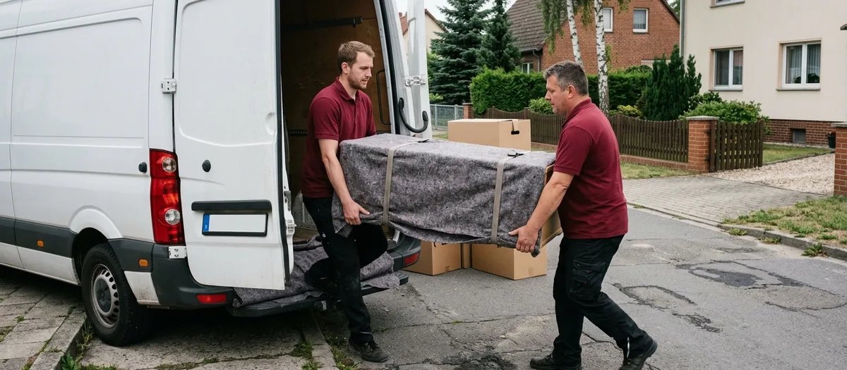 Zwei Träger heben ein in Filzdecken verpacktes Möbelstück aus dem weißen Transporter auf die Straße
