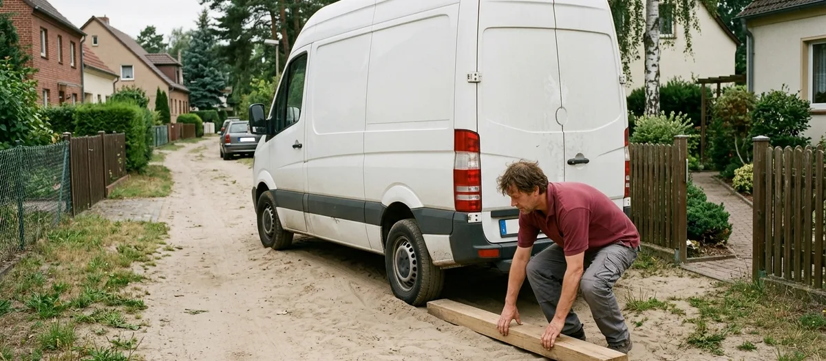 Mitarbeiter legt eine Holzbohle als feste Fahrspur in den Sandweg neben dem geparkten Transporter