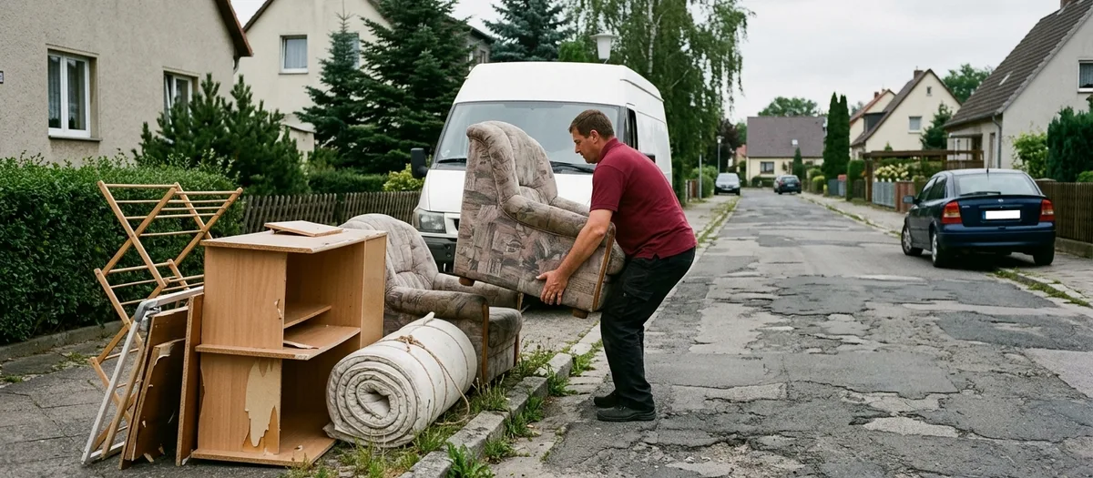 Alter Sessel wird vom Sperrmüllhaufen am Bordstein in Woltersdorf zum Transporter gehoben