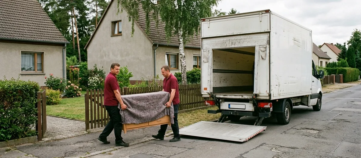 Zwei Umzugshelfer tragen eine mit Filzdecke abgedeckte Kommode über die Straße zum Lkw in Woltersdorf