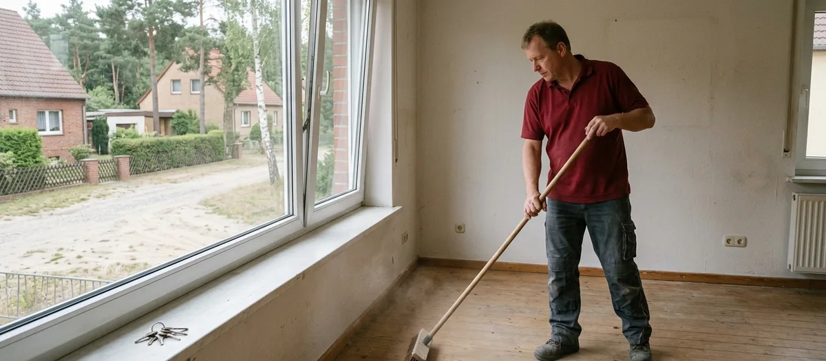 Mann kehrt den Dielenboden der leergeräumten Wohnung, auf der Fensterbank liegt der Schlüsselbund bereit