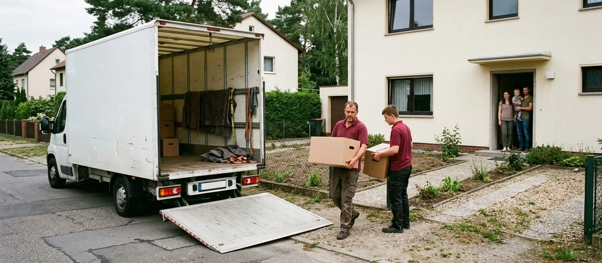 Zwei Umzugshelfer tragen Kartons vom Koffer-Lkw mit Ladebordwand zum Einfamilienhaus, Familie wartet an der Tür