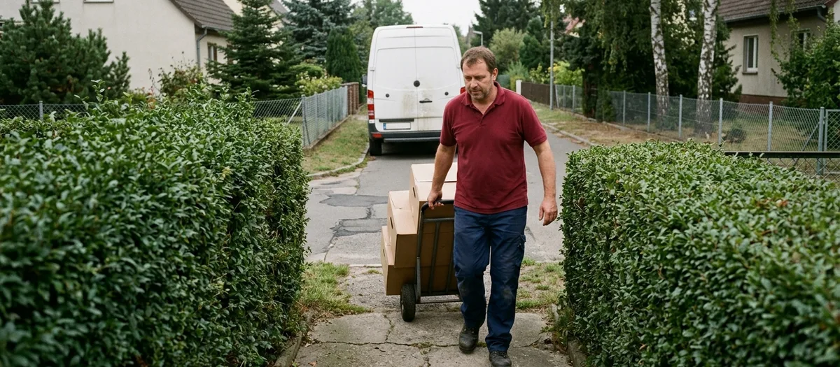 Mitarbeiter zieht eine beladene Sackkarre durch den schmalen Heckenweg zum Transporter an der Straße