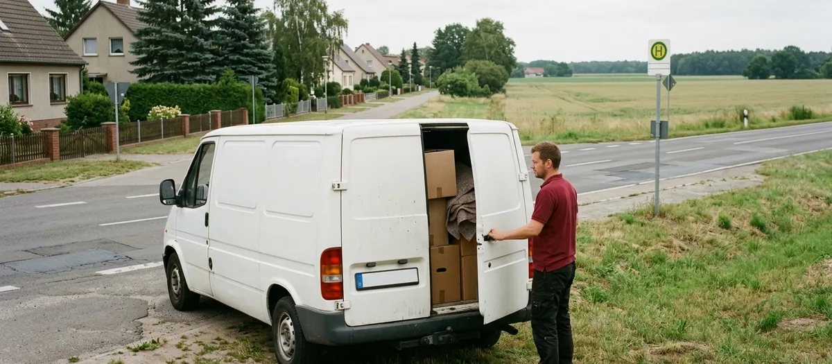 Mitarbeiter öffnet die Hecktür des beladenen Transporters am Ortsrand neben der Bushaltestelle