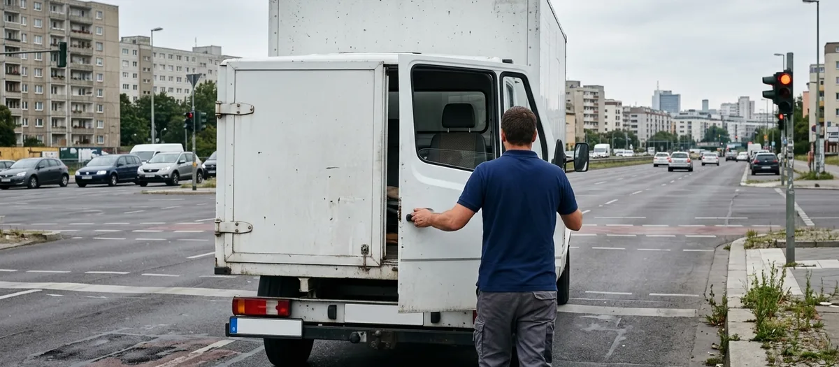 Weißer Umzugstransporter mit offener Fahrertür an einer mehrspurigen Stadtstraße, Fahrer im blauen Polo steigt ein