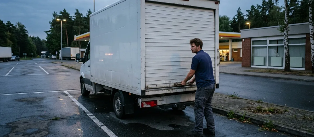 Fahrer öffnet in der Abenddämmerung das Rolltor seines Transporters auf dem Vorplatz einer Tankstelle