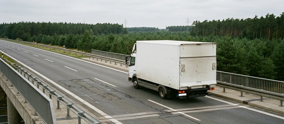 Kleiner Koffer-Lkw rollt über eine Autobahnbrücke, ringsum Kiefernwald und die Leitplanken der Gegenfahrbahn