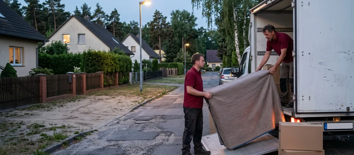Zwei Männer heben abends ein deckenverpacktes Möbelstück über die Rampe in den Koffer-Lkw, Wohnstraße im Hintergrund