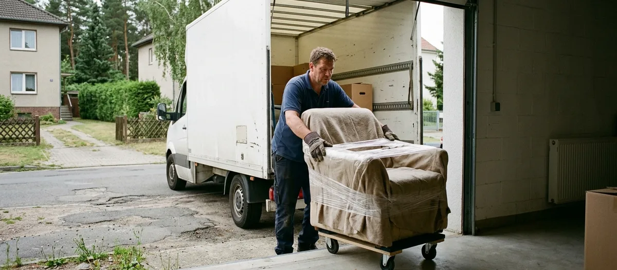 Mitarbeiter mit Handschuhen schiebt ein in Decken gepacktes Möbelstück auf dem Rollbrett in die Garage