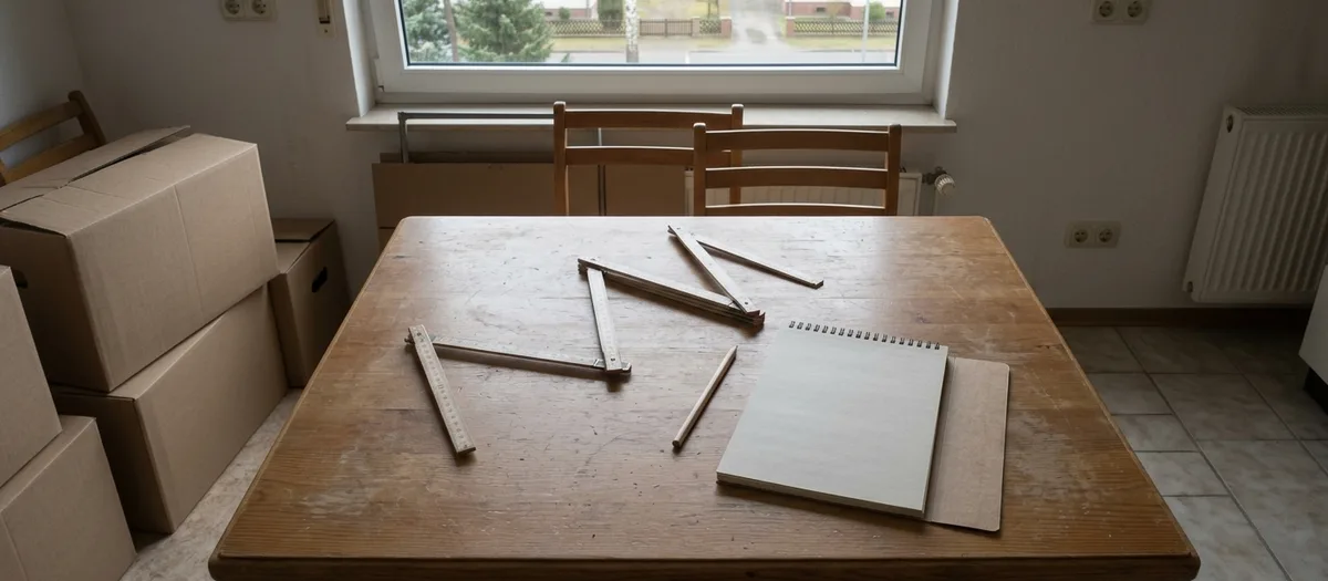 Zollstock, leerer Notizblock und Bleistift liegen auf dem Holztisch neben gestapelten Umzugskartons