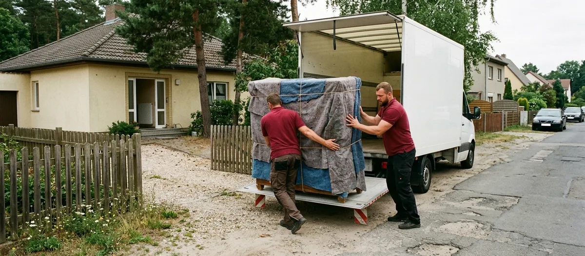 Zwei Möbelpacker sichern ein in Decken gewickeltes Möbel auf der Ladebordwand des Umzugstransporters