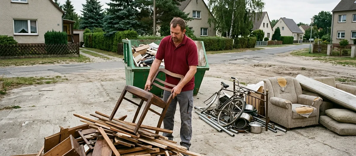 Mann hebt einen alten Holzstuhl zum grünen Absetzcontainer, daneben Bretterhaufen, Schrottrad und Sperrmüllsofa