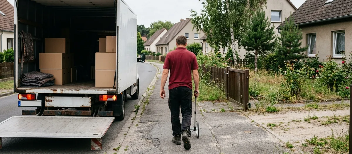 Umzugshelfer mit Messrad geht vom offenen Möbelwagen über den Gehweg zum Grundstück der Kundschaft