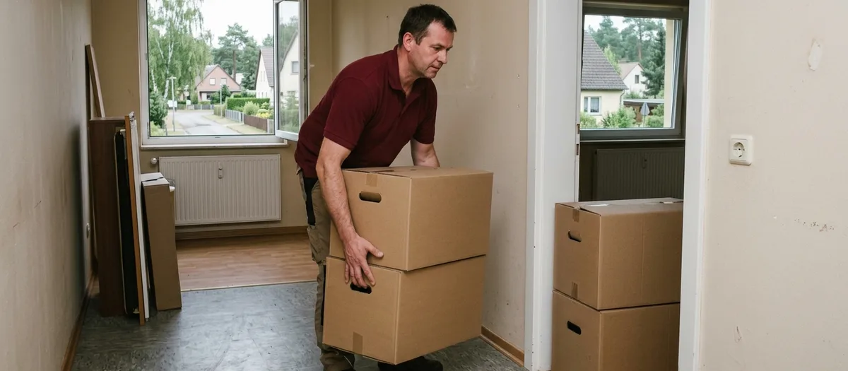 Helfer hebt zwei gestapelte Kartons im leergeräumten Zimmer mit Blick zur Siedlungsstraße