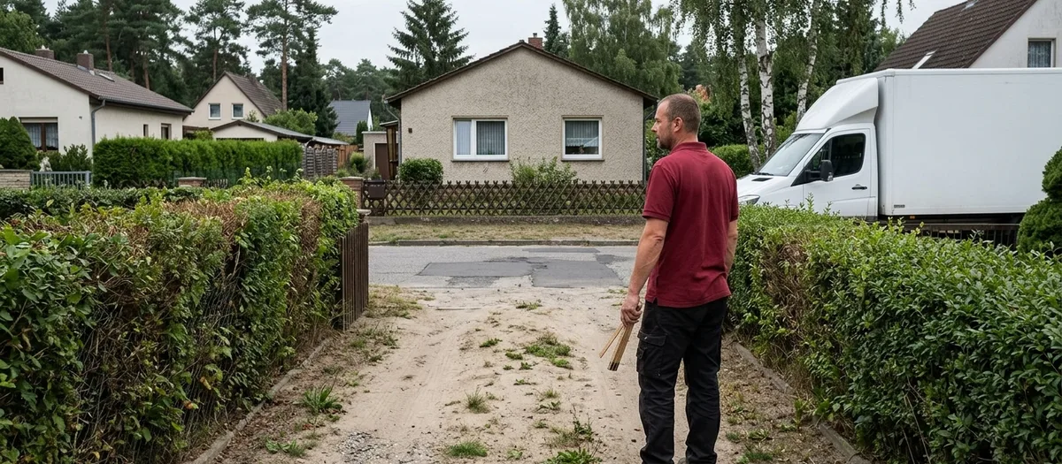 Mitarbeiter prüft die sandige Grundstückszufahrt, dahinter wartet der Kofferaufbau an der Straße